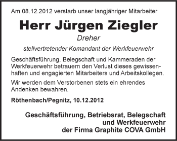 Traueranzeige von Jürgen Ziegler von Pegnitz-Zeitung